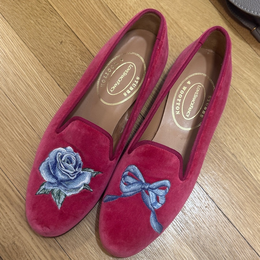 LoveShackFancy Red Velvet Loafers with Blue Embroidery